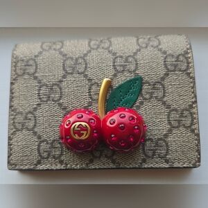 Gucci Cherry Bifold Wallet GG Supreme PVC Leather Beige Red Authentic